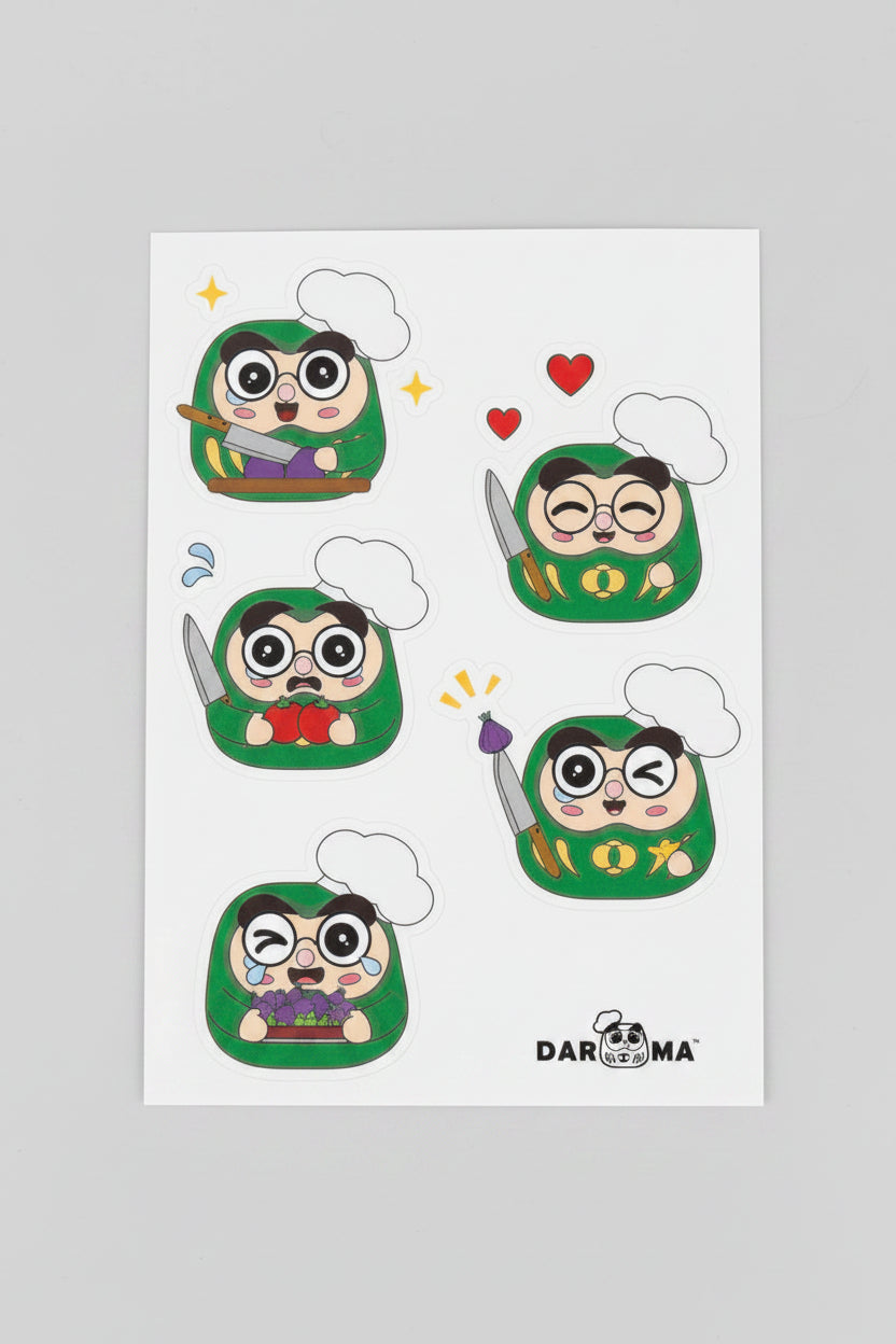Five Green Darama Chef sticker designs with white Chef hat, holding a knife. White background with logo at the bottom right.