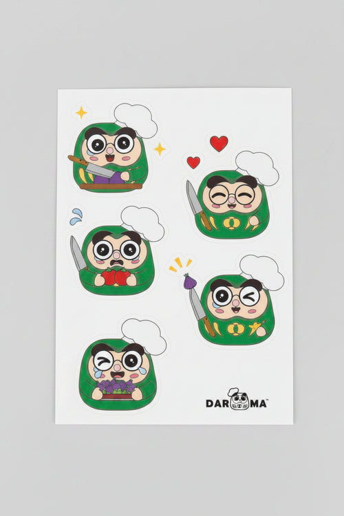 Five Green Darama Chef sticker designs with white Chef hat, holding a knife. White background with logo at the bottom right.